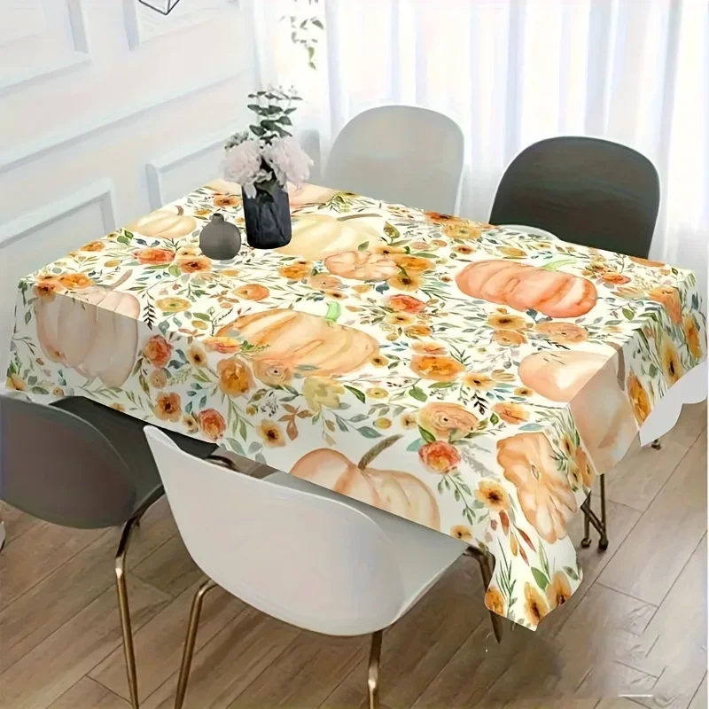 

Осенний урожайный дизайн с тыквой, тыквенная скатерть, подсолнухи и зеленое листво, прямоугольный декор тыквы