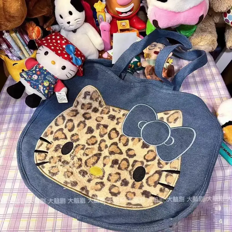 Sanrio Hello Kitty Canvas Leopard Print HandbagCute Cartoon Large Capacity Shopping Go OutShoulder Bag Women Holiday Gifts