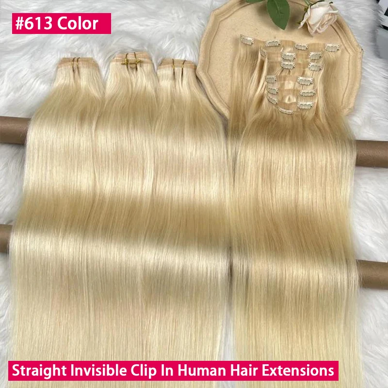 

# Накладные пряди 613 Invisible Clip-in из 100% натуральных прямых волос, 7 шт./100 г, бесшовные, с двойным плетением, на клипсах, блонд