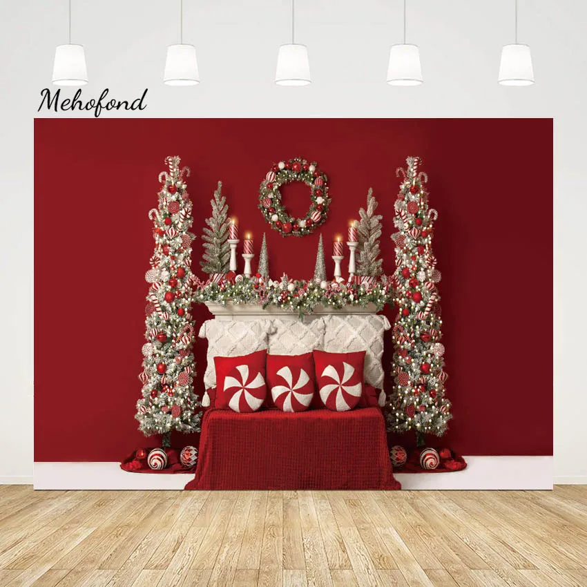 

Mehofond Christmas Candy Photography Backdrop Xmas Tree Wreath Kids Birthday Portrait Red Headboard Photo Background Studio Prop