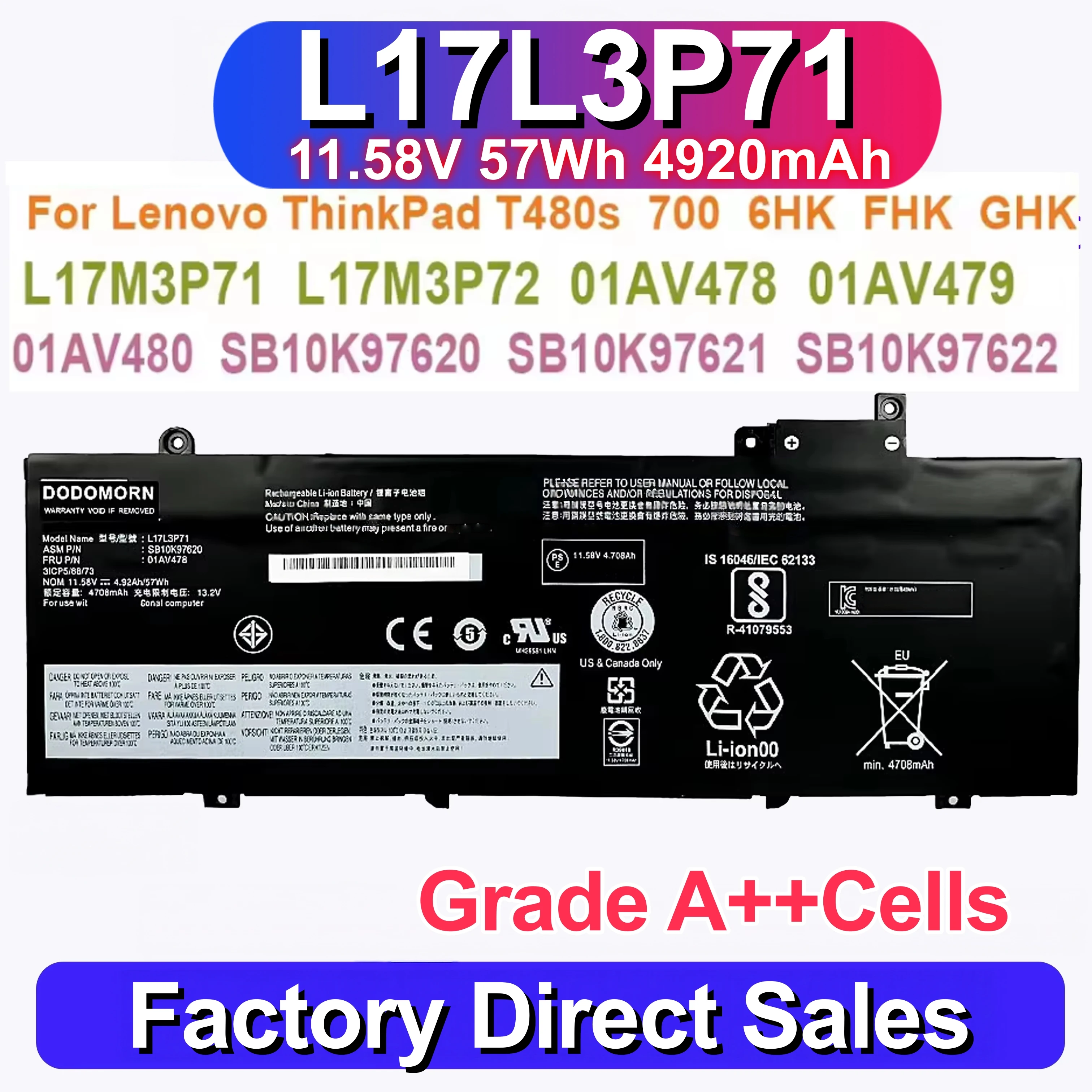 L17M3P71 L17L3P71 Laptop Battery For Lenovo ThinkPad T480S Series 01AV478 SB10K97620 01AV479 01AV480 L17S3P71