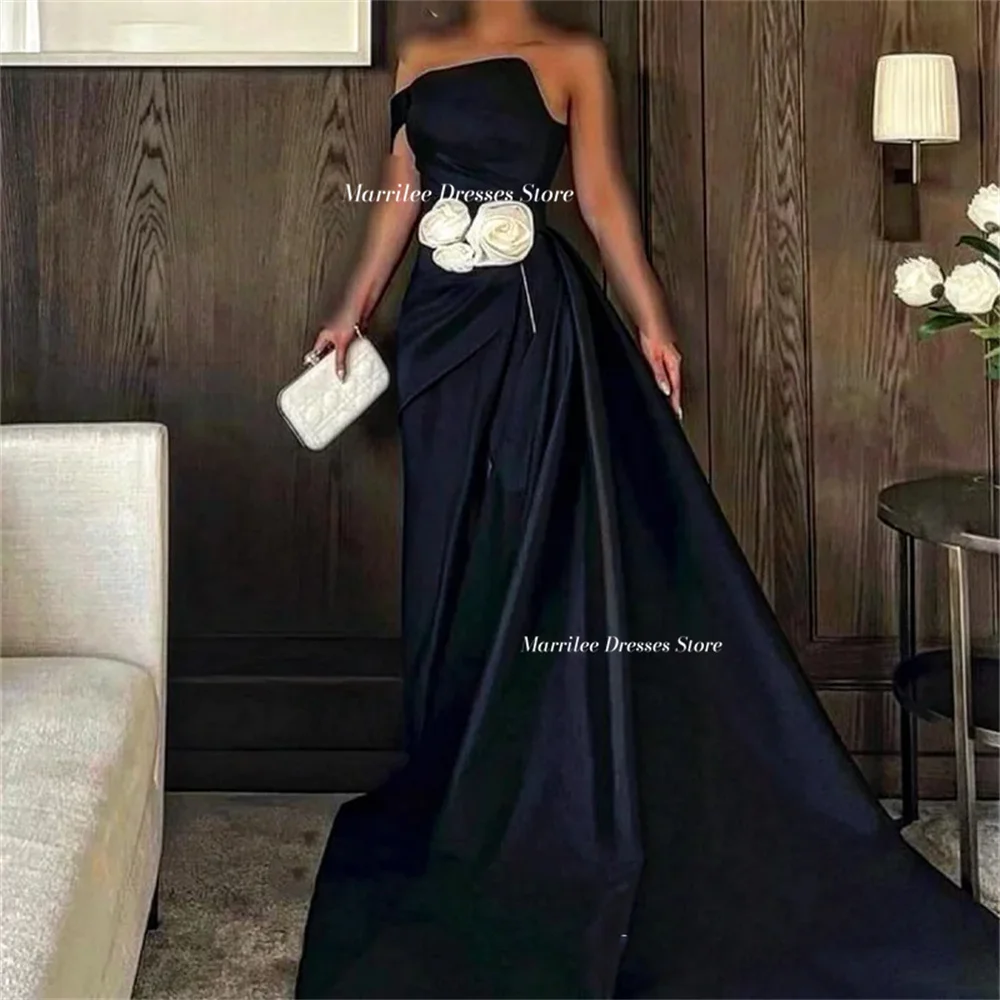 Marrilee Sexy Black 3D Flowers Stain A-Line One Shoulder Pleats Evening Dress Elegant High Side Slit Floor Length Strapless Gown