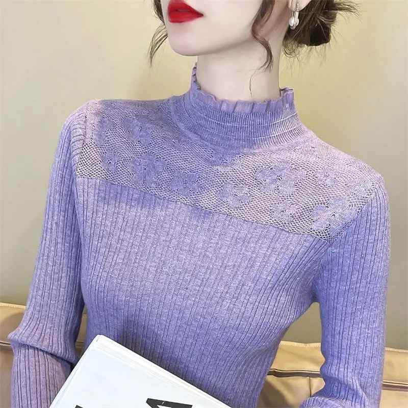 Wanita musim semi baru trendi elegan setengah kerah tinggi Pullover lapisan dasar Hollow Out renda disambung Sweater serbaguna atasan lengan panjang