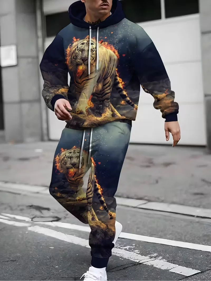 New Mighty Tiger Hoodies Pants Suit 3D Print Men Women Jogging Sweatshirt Tracksuit Outfits Casual Men's Jogging Pants 2Pcs Sets