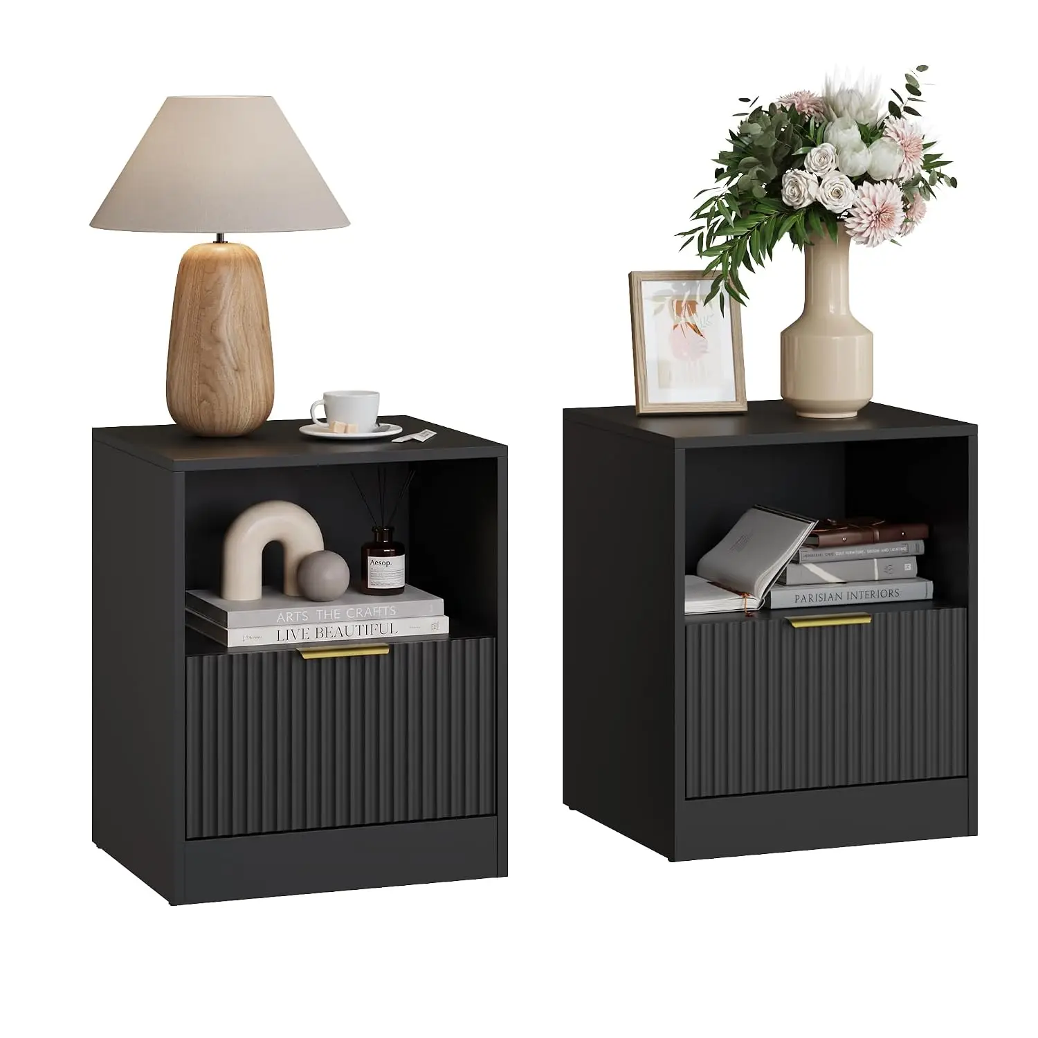 Fluted Nightstand Set 2, Drawer & Shelf, Black Modern Bedside Table Metal Handle, Wood End Table Bedroom Office, Customized