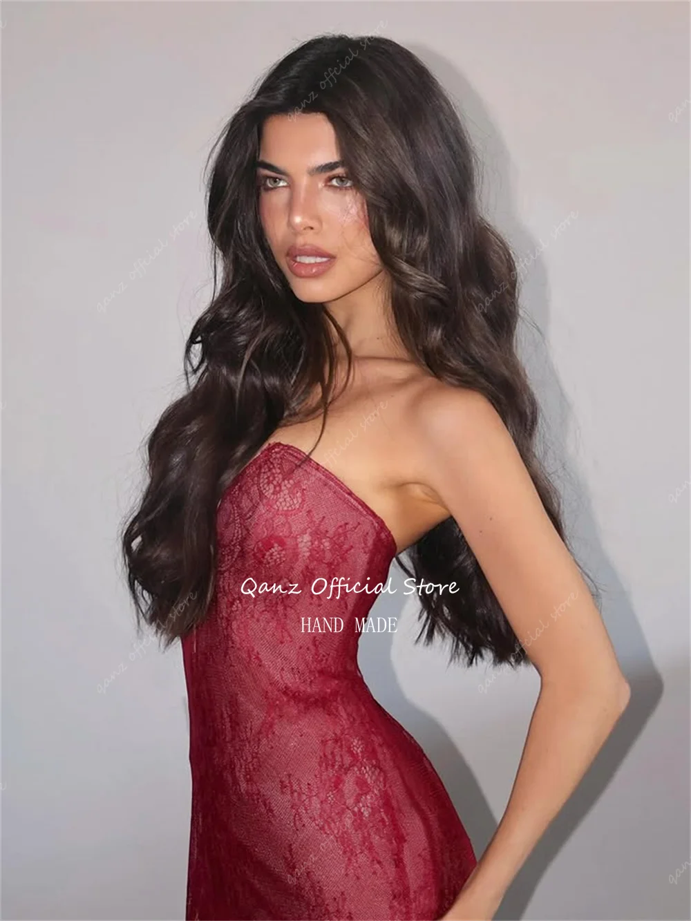 Qanz Burgundy Lace Evening Dresses Mermaid Robe De Soirée Mariage Backless Sexy Sleeveless Formal Dresses Woman Customized