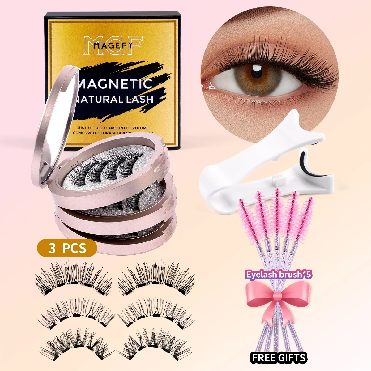 MAGEFY 3 Pairs Magnetic Eyelashes with Applicator Eyelash Brush Glue Free Reusable Magnetic Cat Eye Styles Natural Magnetic Lash