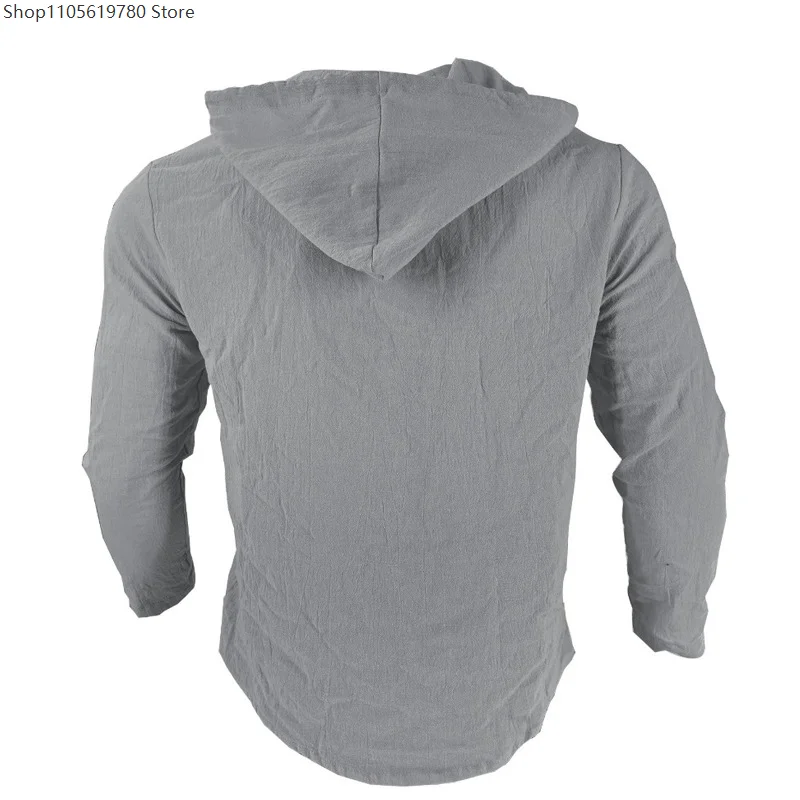 Cotton Linen Hood Shirt Long Sleeves Men's Casual Blouse Tops Button Loose Beach Holiday T Shirt Spring Summer Drawstring Tee