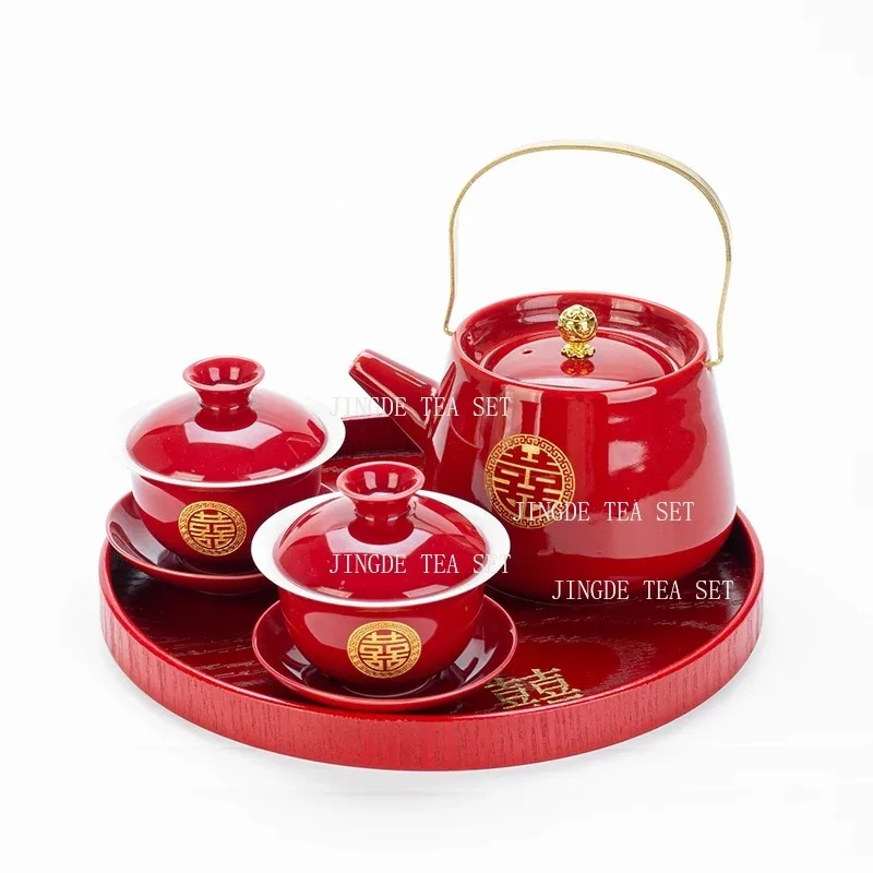 

High Quality Ceramics Tea Set Chinese Wedding Tea Pot Set Teacup Tradition Red Porcelain Teapot Boutique Teaware Accessories
