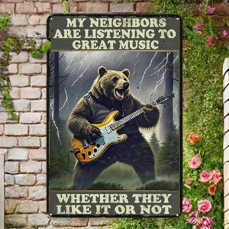 Funny Bear Playing Guitar Retro Metal - Vintage Music Decor with 