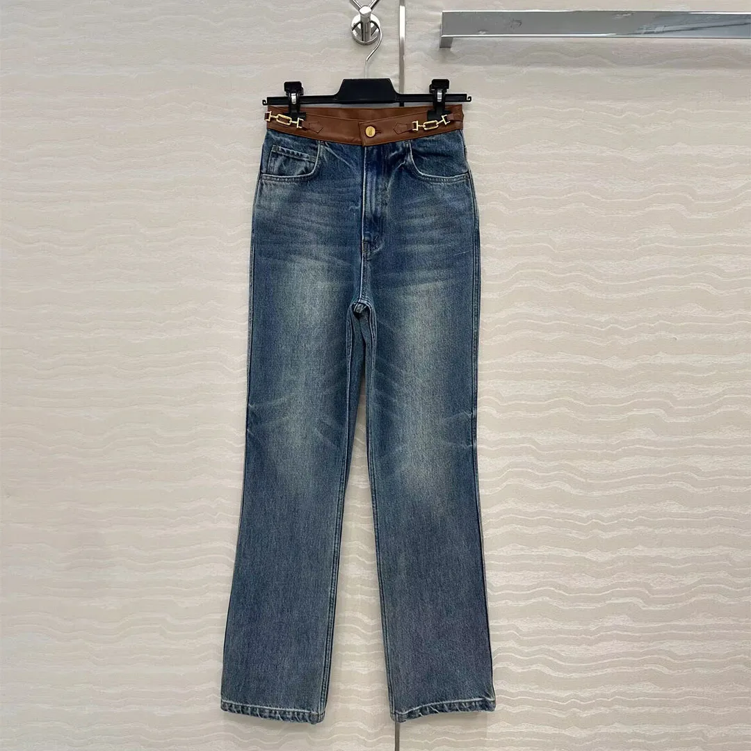 

Women's Washed Blue Pencil Jeans 2025 New Fashionable Cowhide High Waist Gold Buttoned Slim Jeans