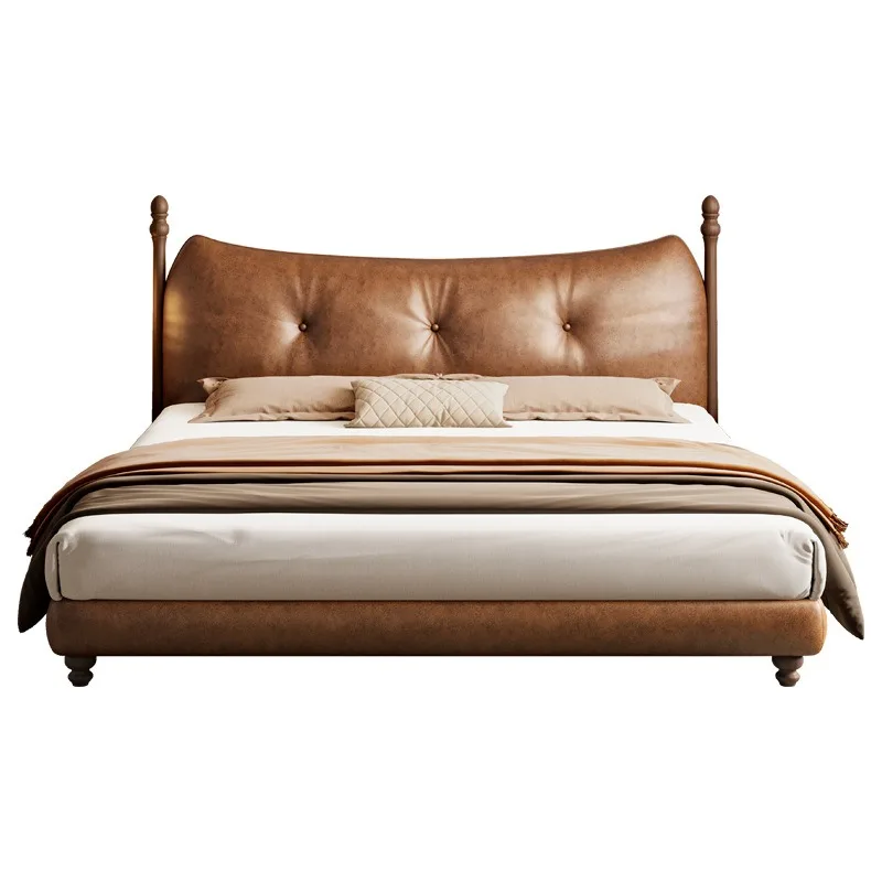 American vintage genuine leather bed, double storage bed, solid wood first-grain cowhide French upholstered bed