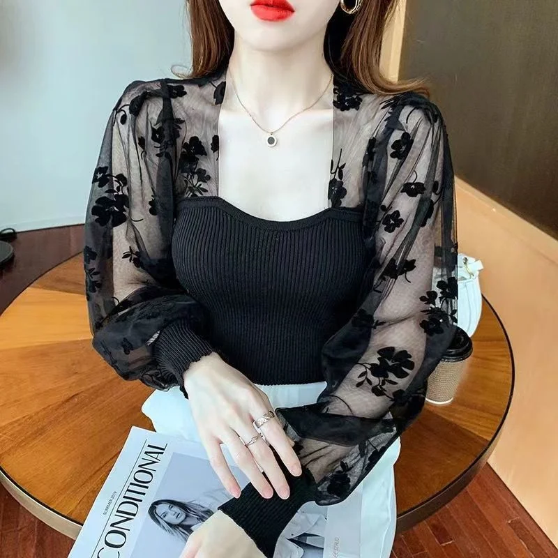 Autumn Elegant Women Square Neck Blouses Floral Print Lantern Sleeve Chiffon Shirt Sheer Patchwork Retro Chic Office Lady\'s Top