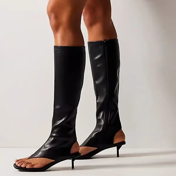 

Open Toe Flip Flops Stretch Boots Women Thin Heel Round Toe Side Zipper Solid Knee High Boots 2025 Catwalk Leather Flip Flops
