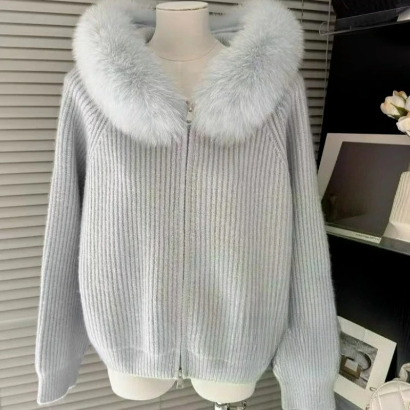 

Новый вязаный кардиган на молнии с капюшоном и шерстяным воротником, короткая куртка для женщин, осень-зима 2026, делает он стройнее