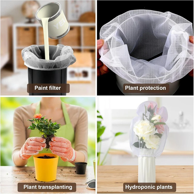 6Pcs Paint Filter Bag, White Bucket Strainer Plastic Putty Knife Elastic Top Opening Paint For Paint Gardening