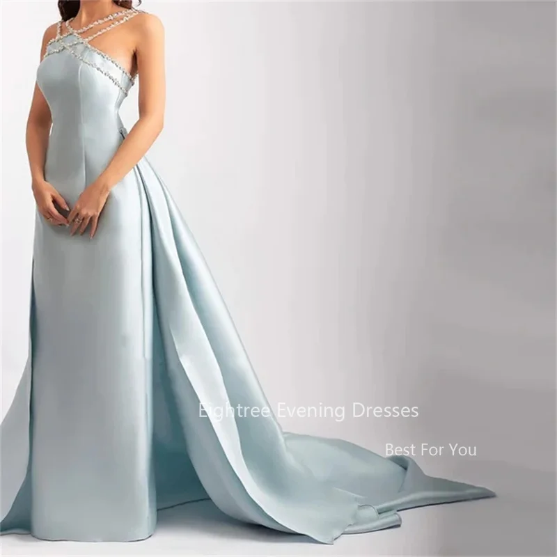 Eightree gaun malam biru langit elegan gaun Prom Halter Halter berkilau panjang lantai gaun pesta pengantin Halter lipit