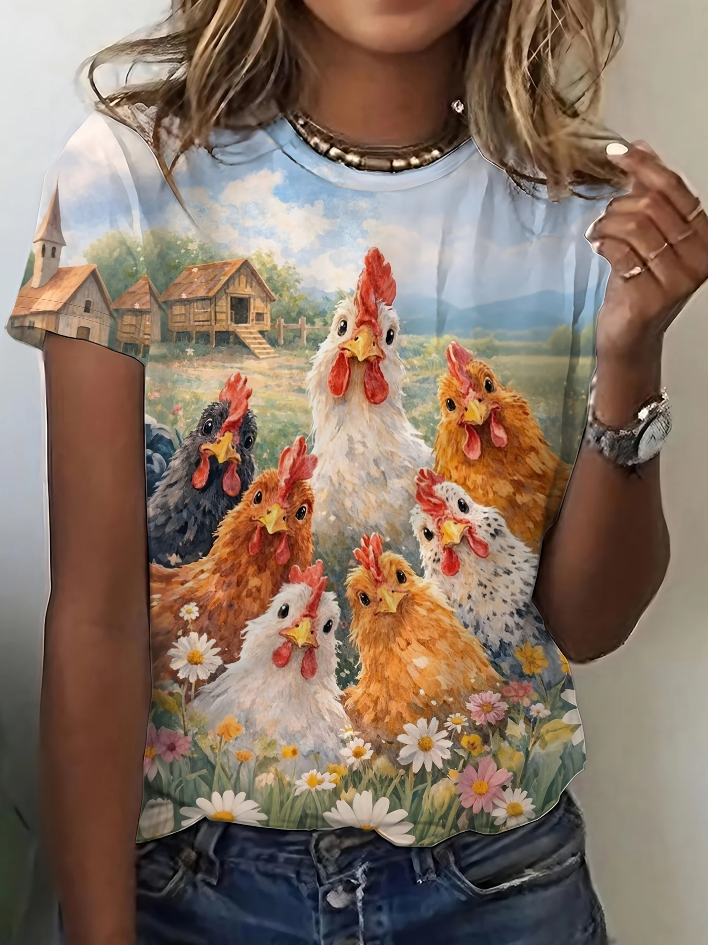 Women T‑shirt Short Sleeve Farm Chicken Floral Rural Landscape Graphic Print Round Neck Casual Daily Summer Fashion Tee Top