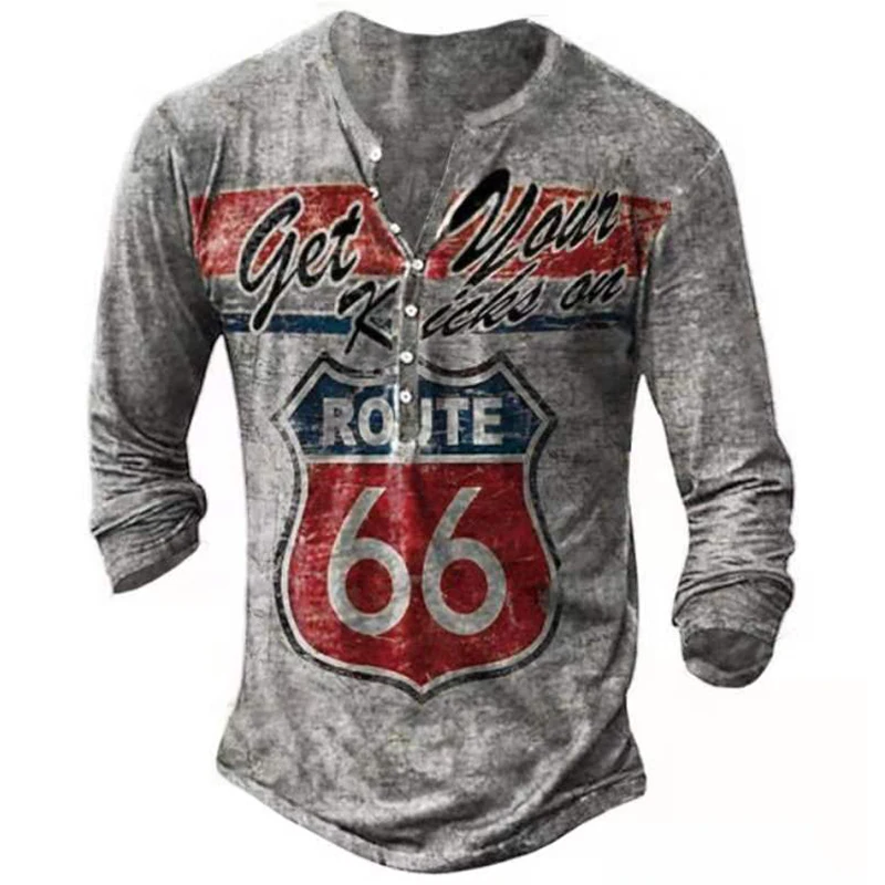 Vintage Men\'s T-shirts With Buttons Spring Summer Cotton V-Neck Long Sleeve Route 66 Letter Printing Oversized T Shirts For Men