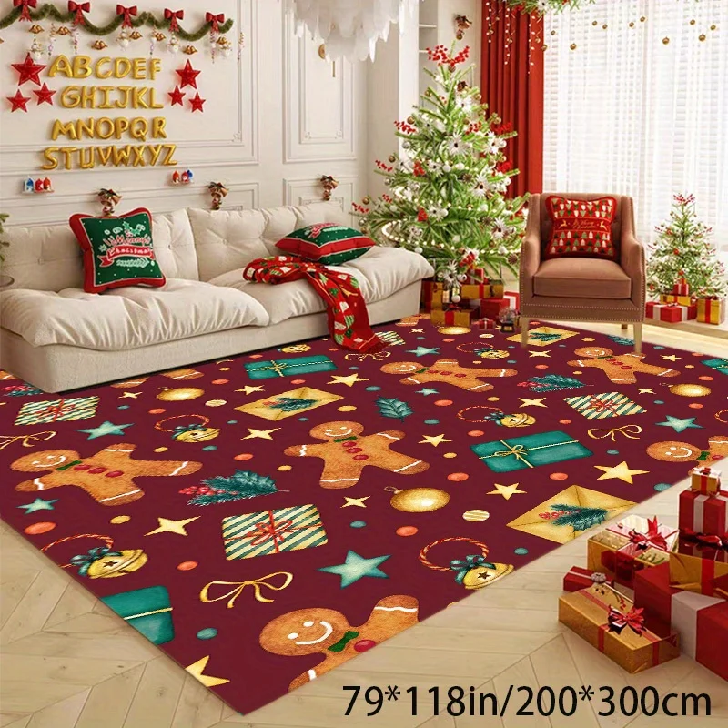 1pc Large Golden Diamond Velvet Christmas Rug with Gingerbread Man Pattern, Soft Floor Mat for Holiday Decor