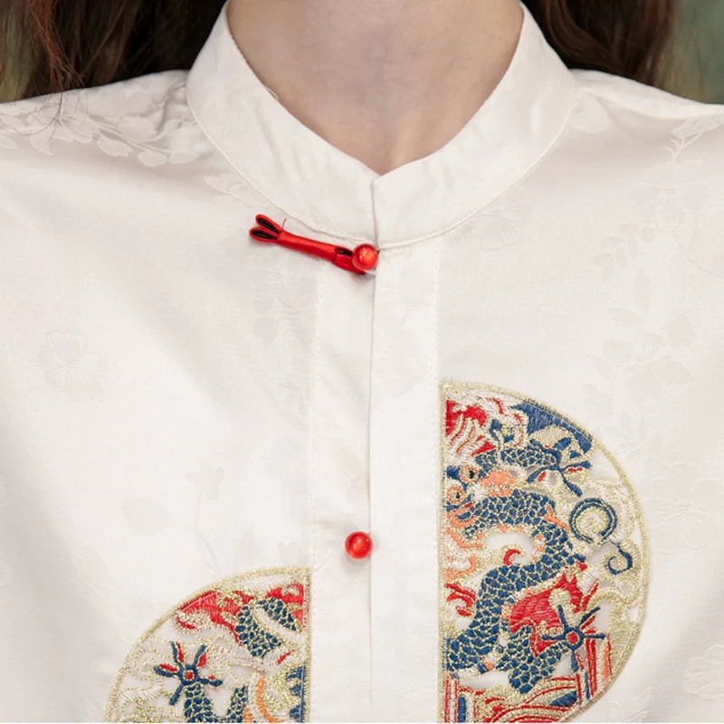 New 2024 Spring Women Shirts & Blouses New Chinese Style Long Sleeve Vintage Embroidery Women Clothes Stand Collar White Shirt