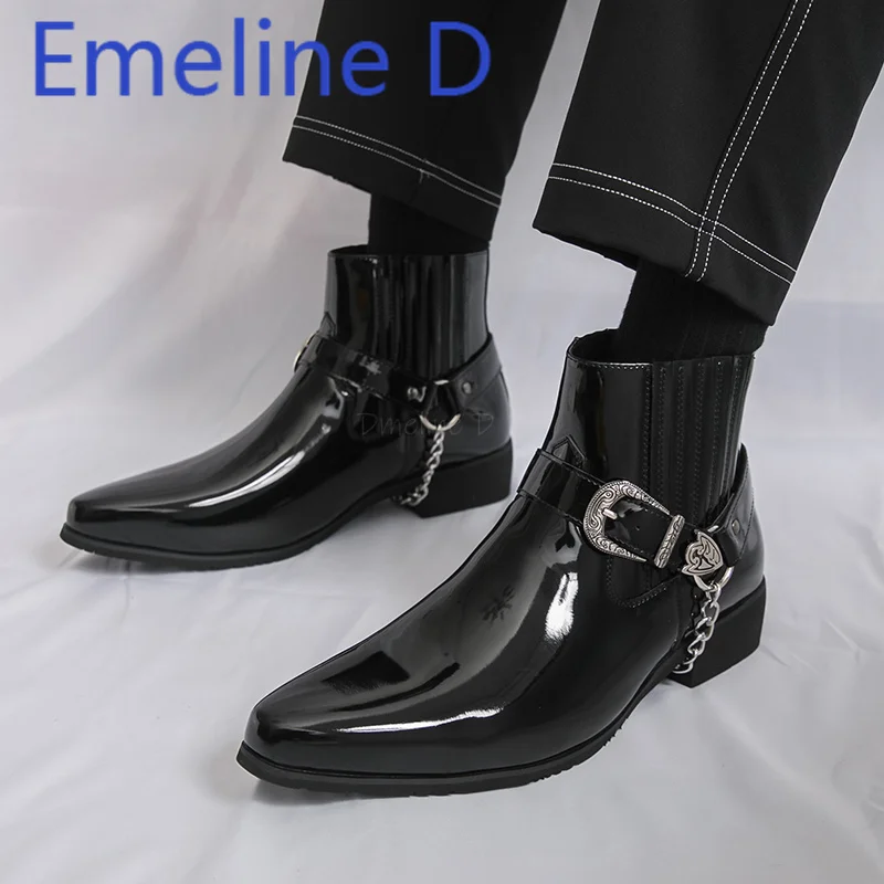

Sharp Pointed Crocodile Patterned Chelsea Boots Fashionable British Style Side Zipper Double Buckle Black High Top Leather Boots