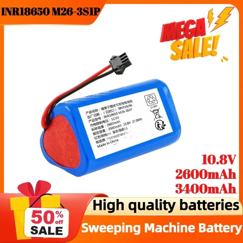 

2600mAh 3400mAh 10.8V Rechargeable Battery For INR18650 M26-3S1P Sweeping Machine capacity Li-ion Battery Pack