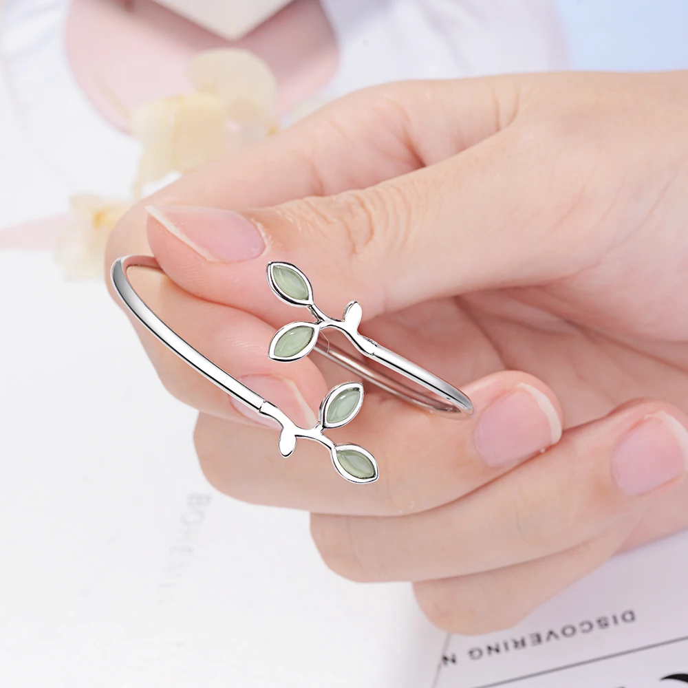 MEEKCAT 925 Sterling Silver Enamel Green Olive branch Leaves Open Cuff Bracelets & Bangles For Women Fashion Jewelry