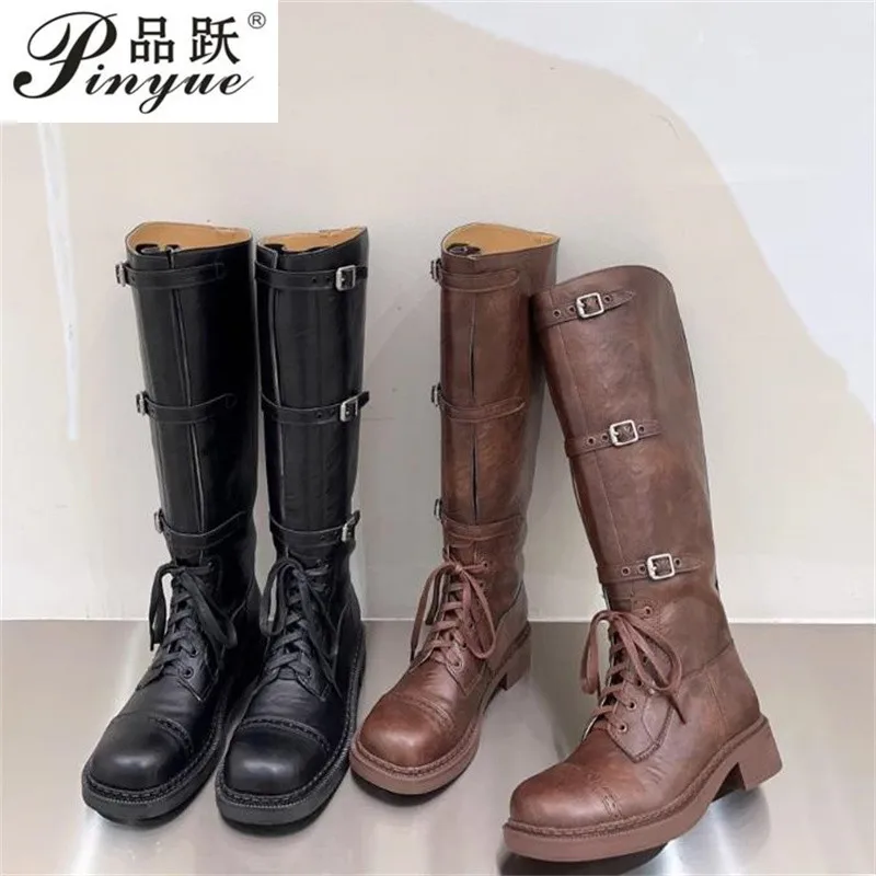 Vintage do old fashion boots Summer Western cowboy boots Belt buckle Long punk boots wrong heel girl Motorcycle boots  35 40