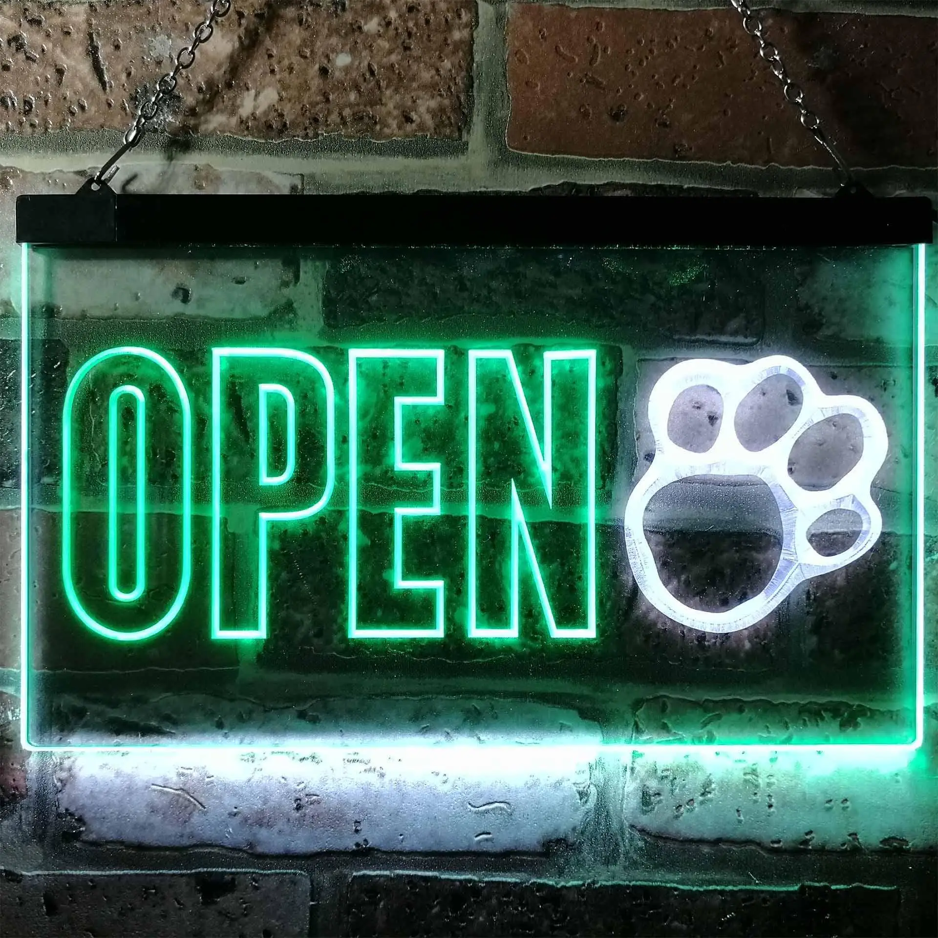 OPEN. with Dog Paw Print. Pet Grooming Dual Color Led Neon Sign st6-j0792