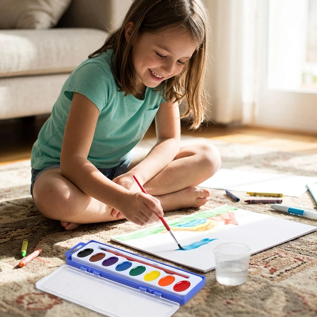 Kids DIY Semi-Dry Solid Watercolor Paint Set 8 Colors Mineral Pigment Art Painting Kit with Brush for Kindergarten Art Class and