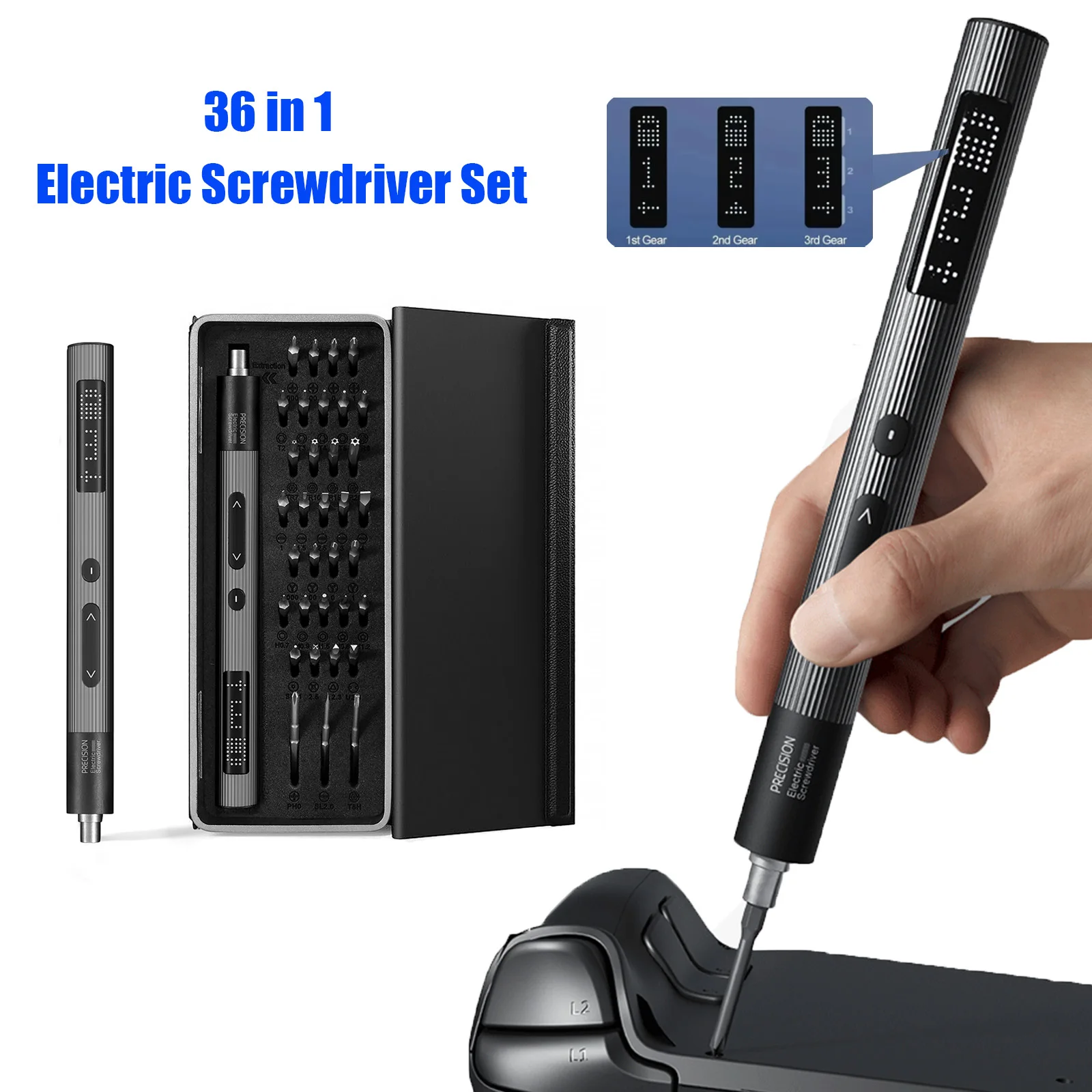 

Precision Electric Screwdriver Set with LED Screen 36 in 1 Mini Rechargeable Battery Power Repair Tool Kit with 0.3N.m Leather