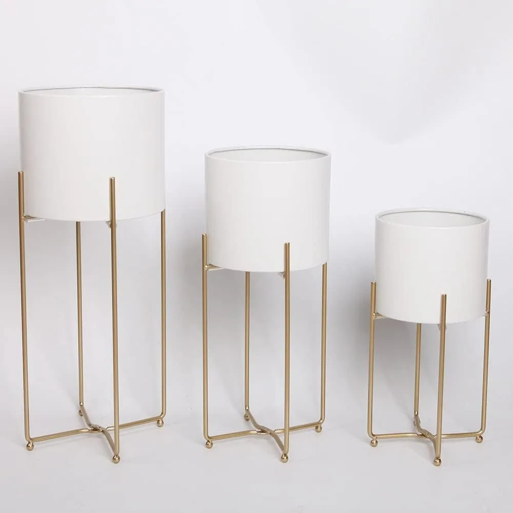 

White Planters with Gold Stands for Indoor Plants, Large Metal Flower Pots Set of 3, Tall Floor Standing Planters