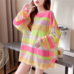 Rainbow Striped T-shirts Women Oversize Transparent Tees Sexy Long Sleeve Harajuku Aesthetic Loose Casual Thin Mesh Tops