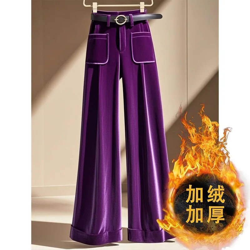 

Purple Velvet Pants Women's Winter New Models Are Popular This Year High-waisted Straight-leg Velvet Thickened Wide-leg Pants