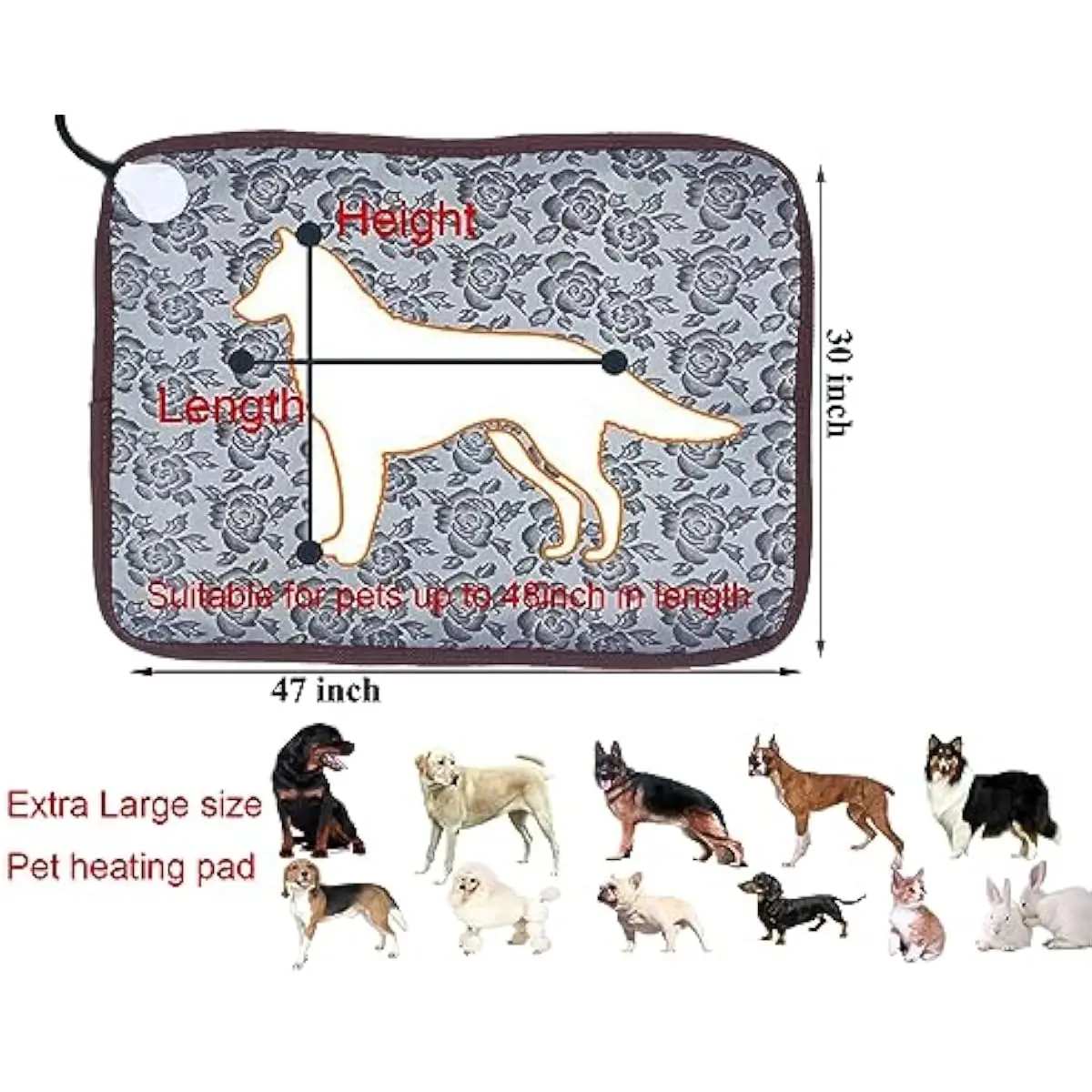 Extra Large Electric Pet Warming Mat for Dogs Cats Rabbits | 2-Mode Heat Output 60W 120W | Overheat Protection Chew Resistant Co