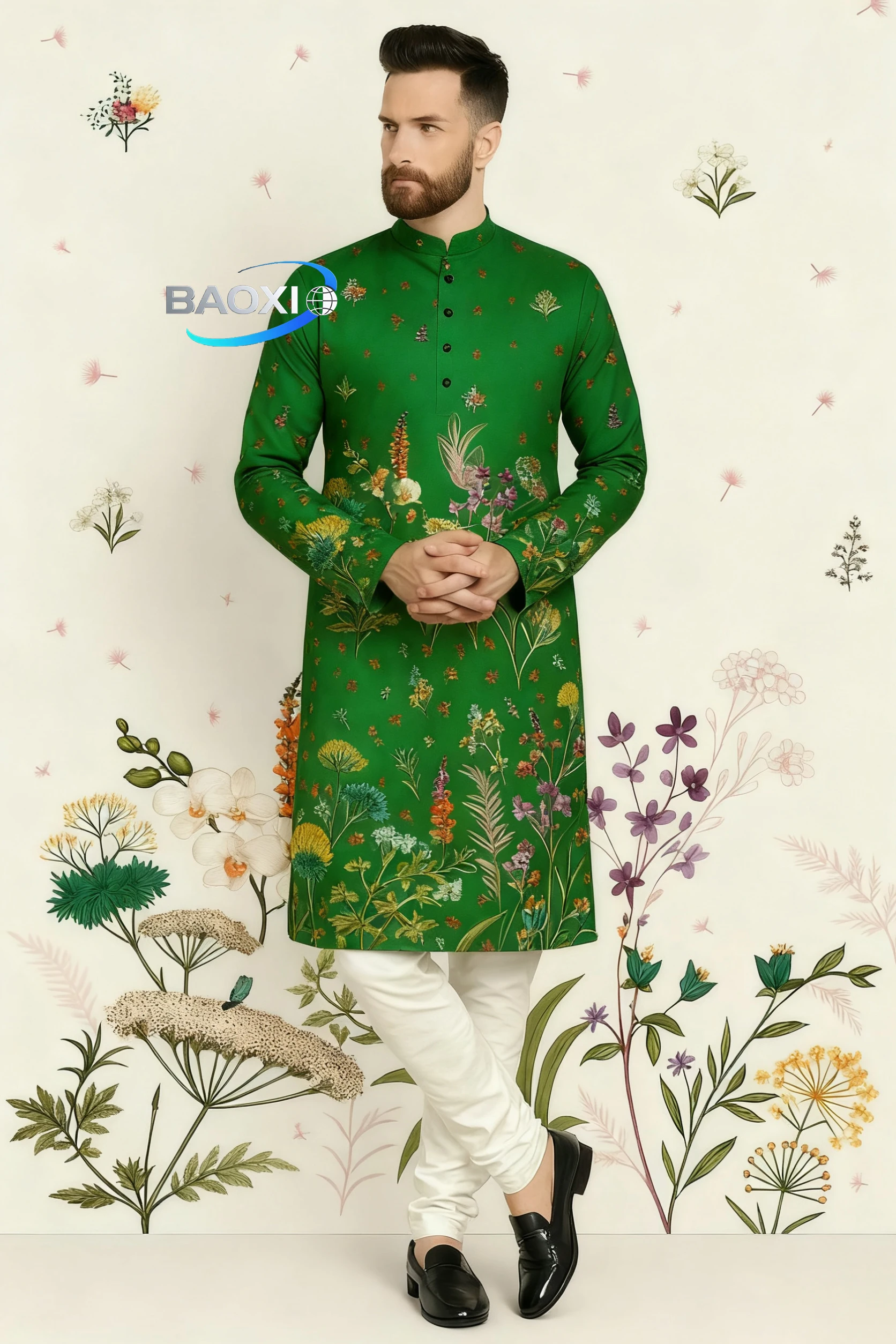 2025 men's printed kurta vardha fashionable and comfortable long robe with a fitted collar suitable for all occasions,