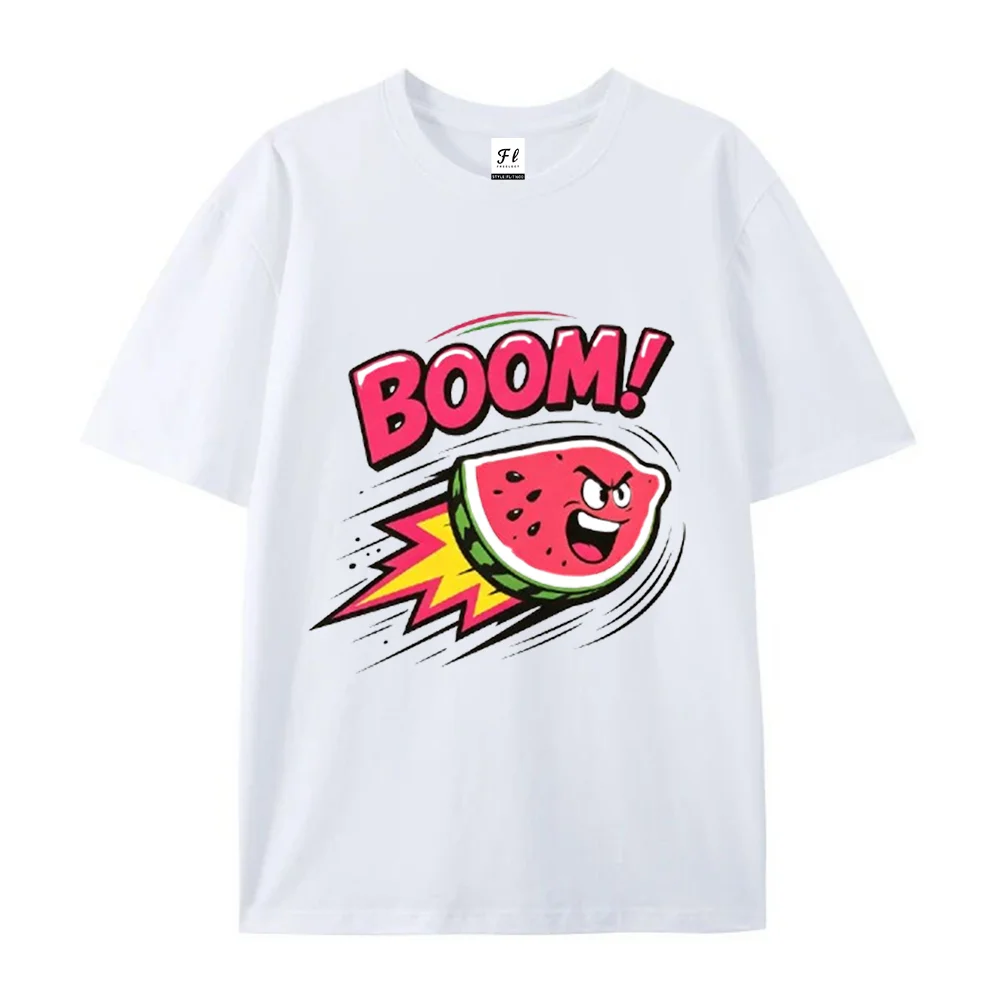 Retro Pop Art Boom Angry Watermelon Graphic T Shirt Cartoon Fruit Print Short Sleeve Top Casual Summer Loose Fit Unisex Tees