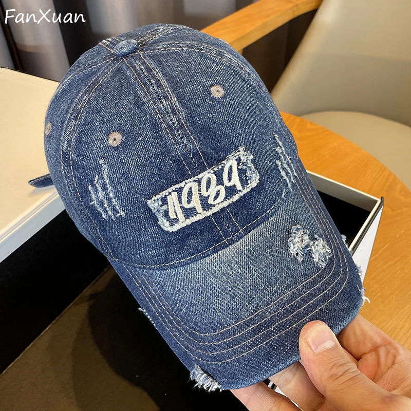 Retro Denim Baseball Cap for Women Mens Caps Distressed Ripped 1989 Embroidery Trucker Hat