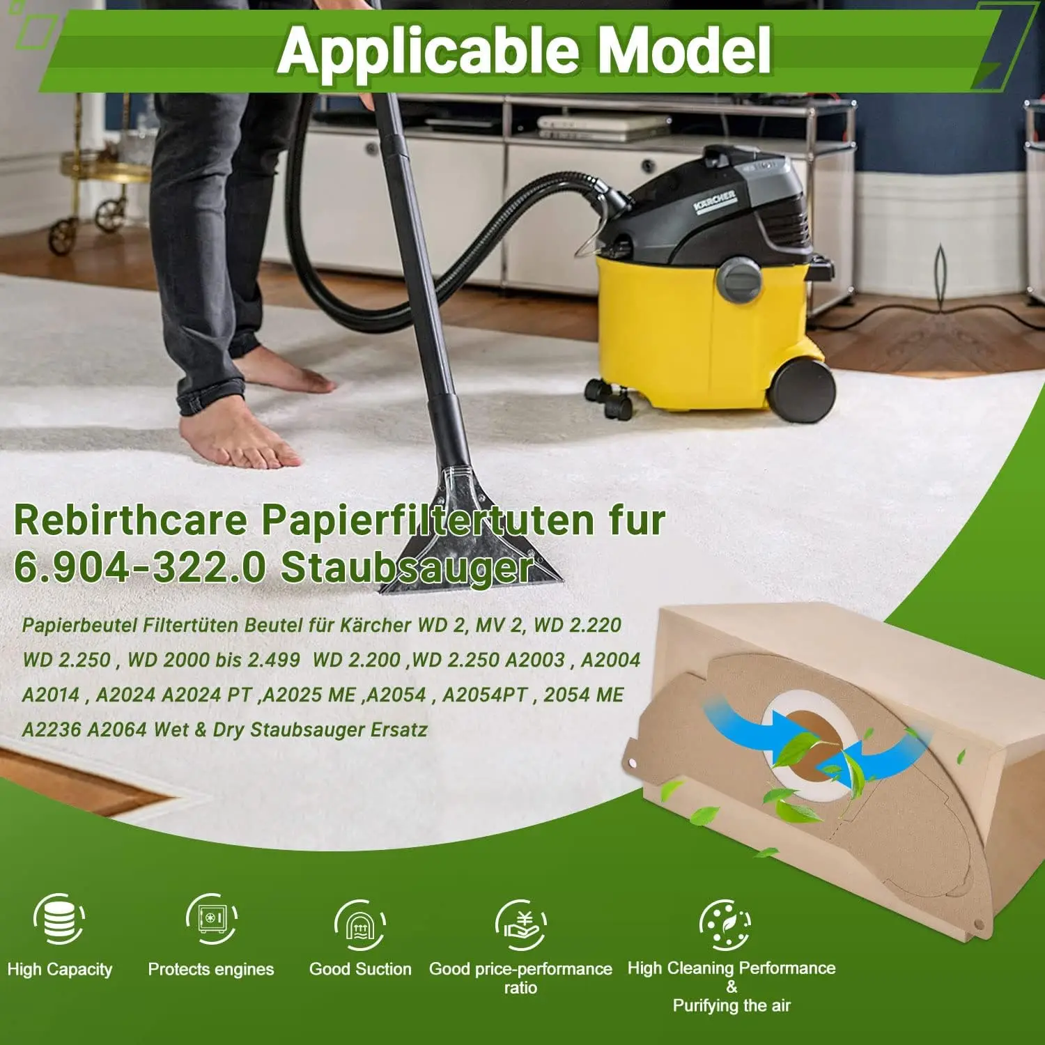 Vacuum Cleaner Bags for Kärcher WD2 MV2 WD 2.200 WD2250 A2004 A2054 A2099 6.904-322.0, Paper Vacuum Dust Bags for Karcher WD