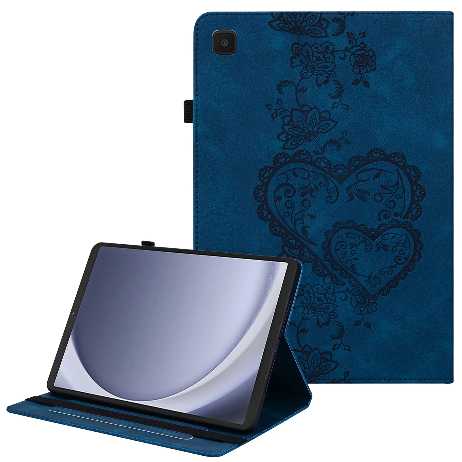 For Samsung Galaxy Tab A11 / A9 Leather Case Heart Imprint Foldable Stand Card Slot Stylus Holder Tablet Cover - Blue