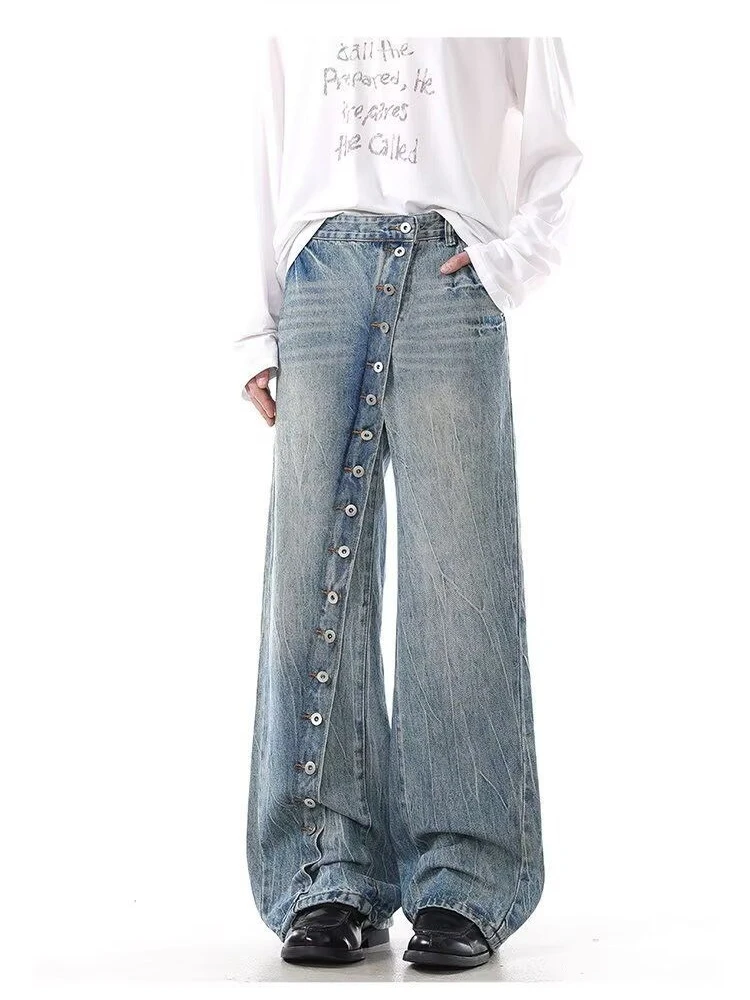 Women's Single-breasted Design Denim Jeans y2k Girl Wide Leg Trousers Unisex Sweatpants Female High Waisted Fashionable Pants