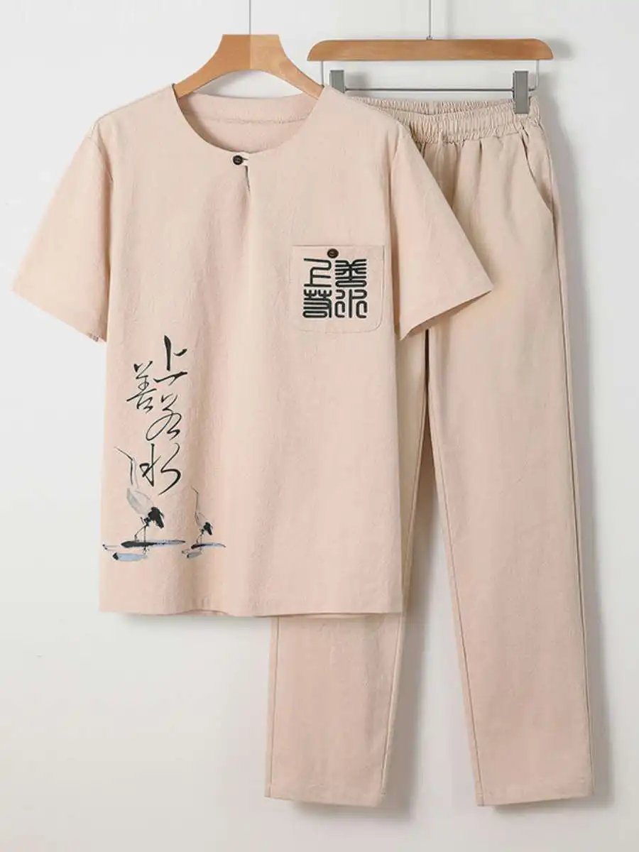 

Summer Linen Cotton Casual ort Sve T-irt Set for Middle-Aged And ly Men Long Pants Comfortable Breathable Clothing