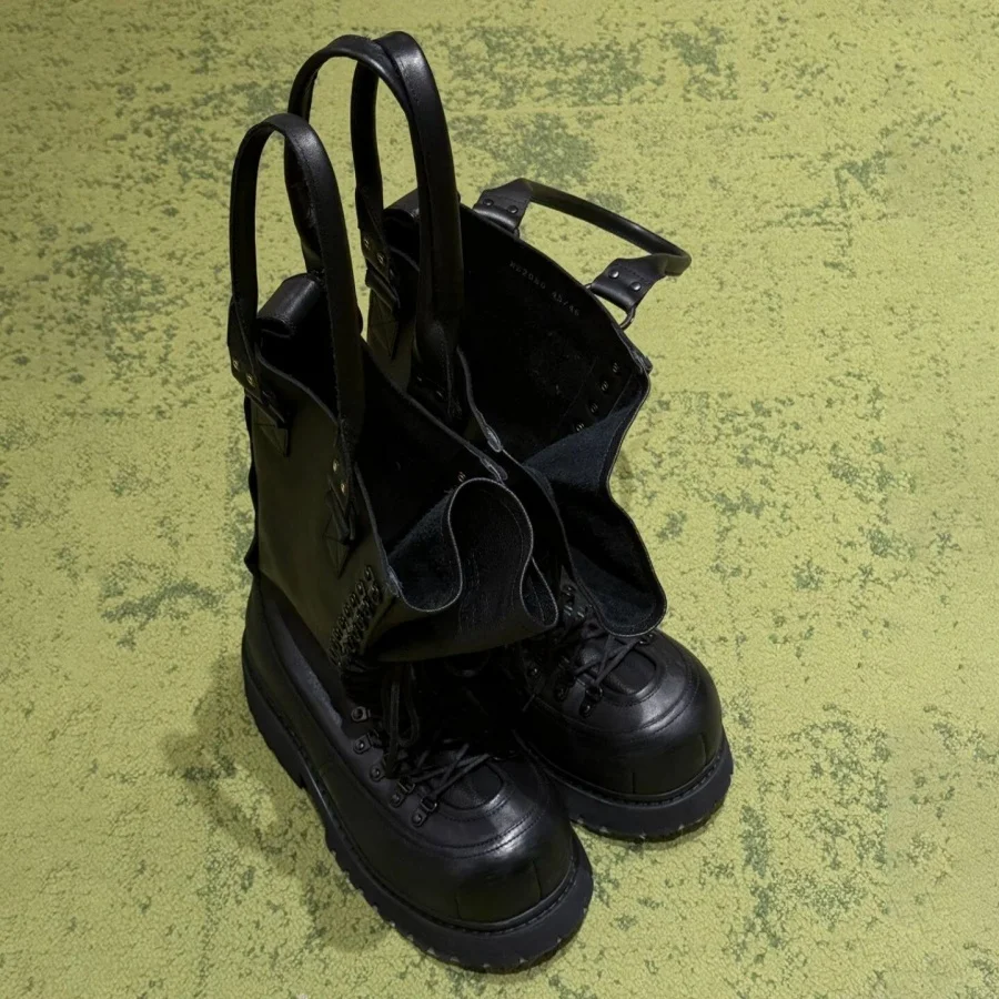 Black Leather Tall Combat Boots with Carry Handles Big Round Toe Lace Up Boots Work Boots Streetwear Mid Calf Tactical Footwear