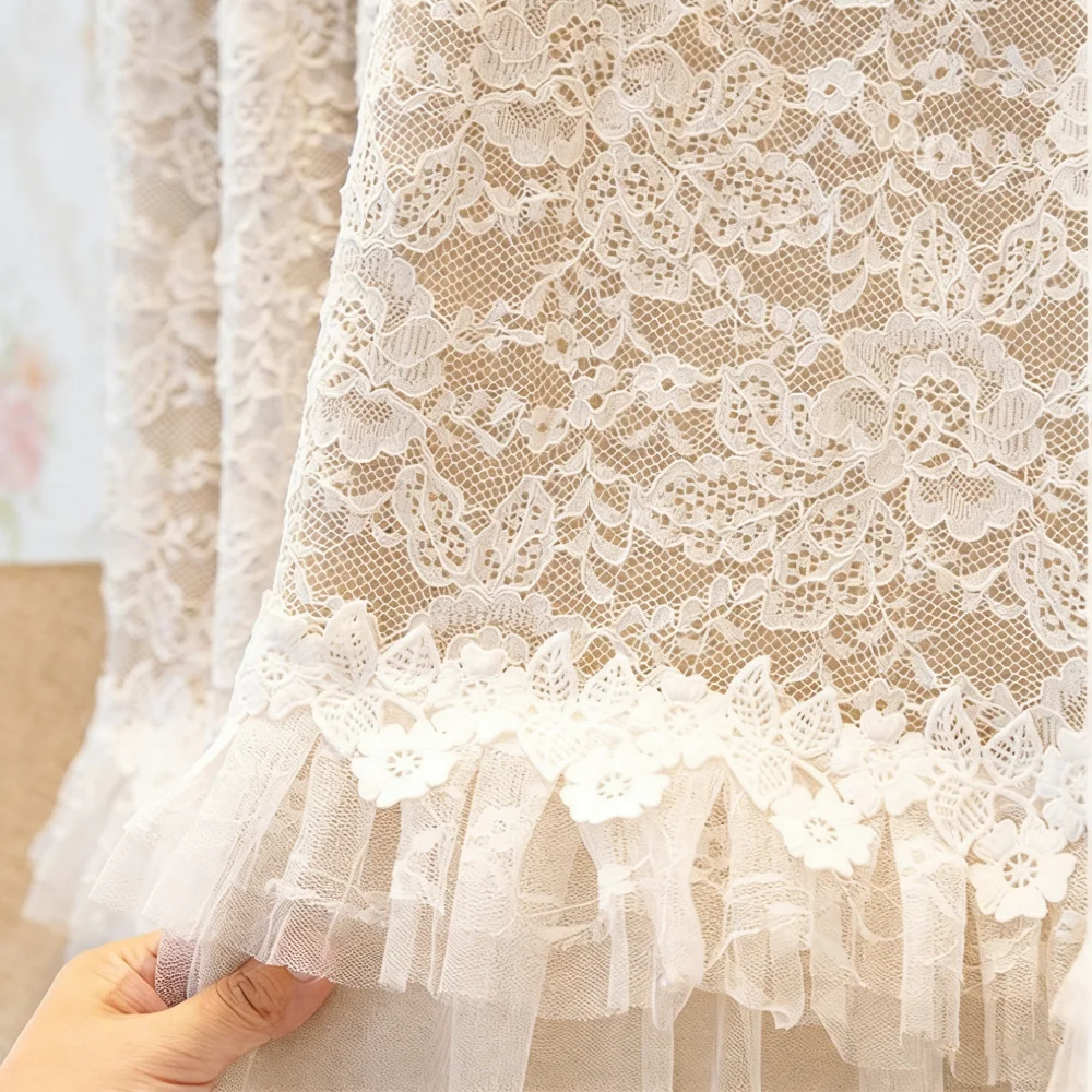 French Romantic Lace Double Layer Curtain - Pink Ruffled Voile with Bow Trim Blackout Curtain for Bedroom & Living Room