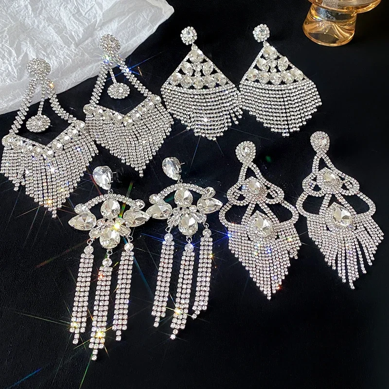 Rhinestone Tassel Earrings for Women French Light Luxury Water Drop Pendant Drop Earrings Exaggerated Wedding Jewelry Party Gift