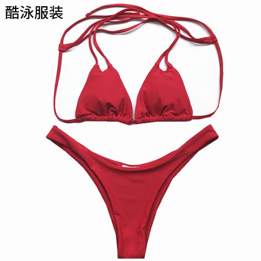 HOTNew bikini swimsuit for women European and American split solid color sexy bikini adult bareback swimsuit high elasticity