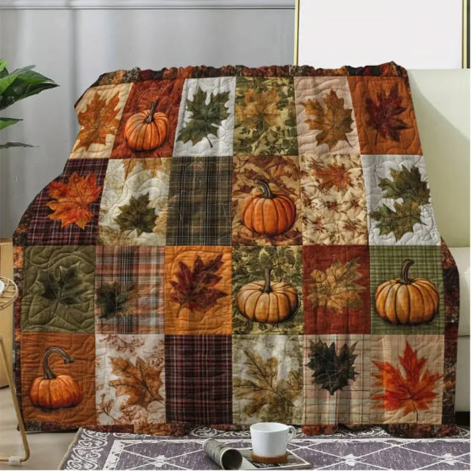 Fall Blanket Maple Leaf Pumpkin Plaid Print Soft Flannel Throw Blanket Cozy Warm Fleece Blanket for Sofa Couch Bed Office Camping Travel Farmhouse Decor Gift