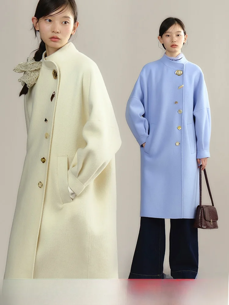 

Uare Original Design Tuscan First Snow Vintage Stand Collar Unique Button Double-sided Woolen Coat for Women Loose Fit Autumn