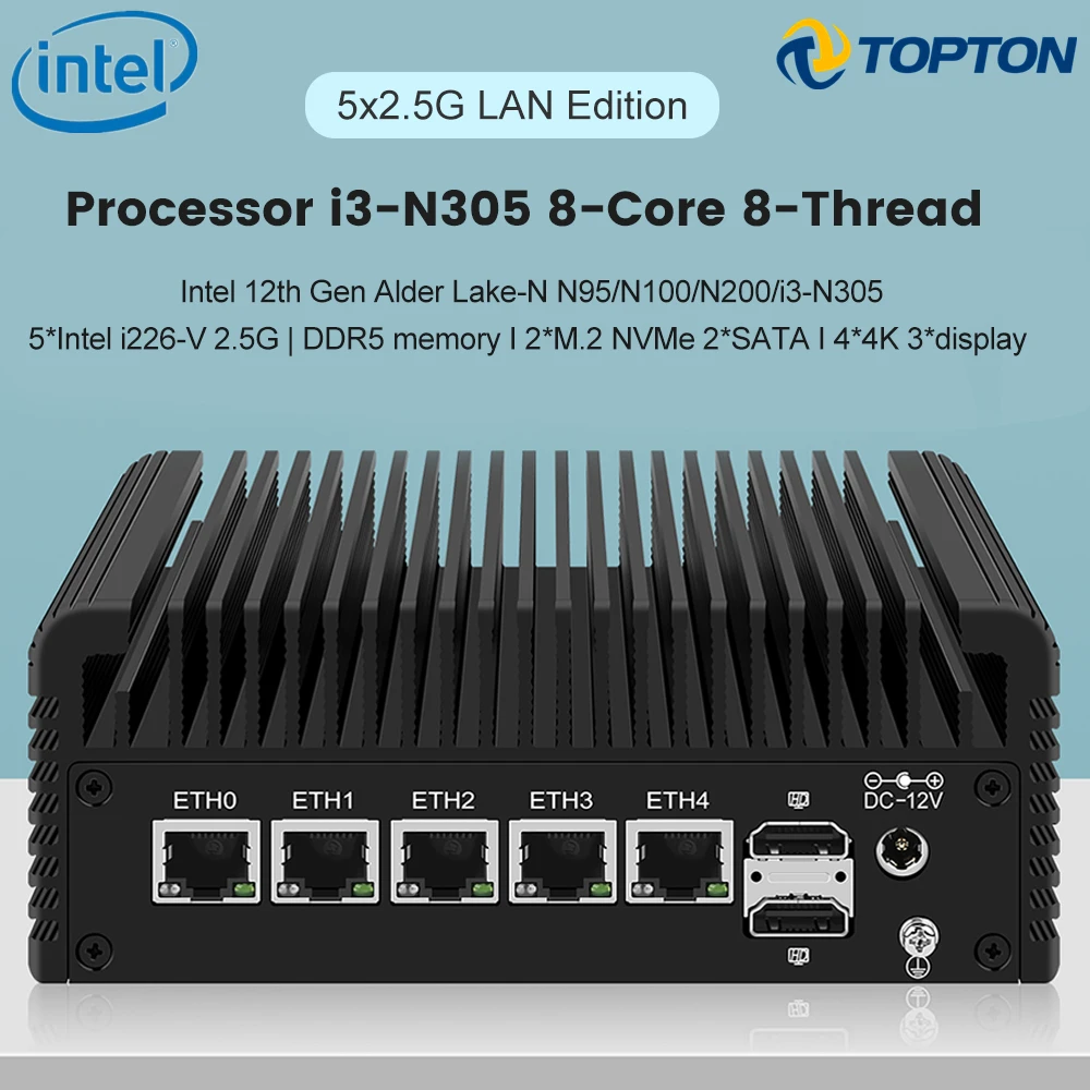 Topton Firewall NAS Fanless Mini PC Intel Core i3 N305 N100 DDR5 2xNVMe 2xSATA 5x i226-V 2.5G LAN Proxmox Host Homelab Server